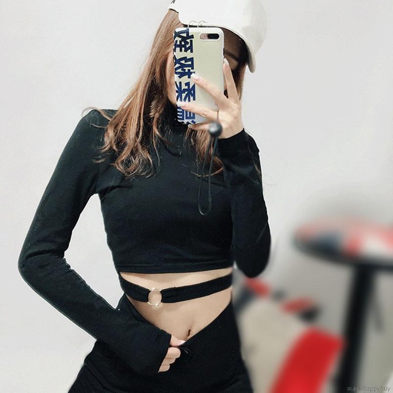 Áo Croptop Tay Dài Cổ Tròn Thiết Kế Hợp Thời Trang Cho Nữ