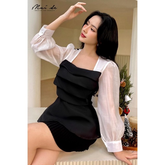 MAI.DE - Áo đen cổ vuông tay dài phối voan trắng RIRI TOP