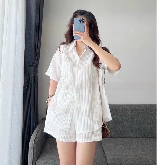 Set áo sơ mi xẻ thắt nơ phía sau + quần short chất đũi xước nhiều màu Okélla