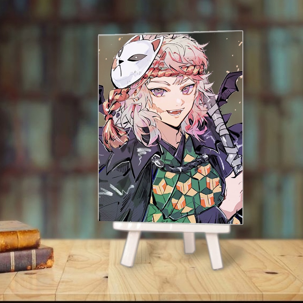 Tranh kính KIMETSU NO YAIBA Thanh Gươm Diệt Quỷ anime chibi acrylic mica trong trưng bày trang trí giá gỗ