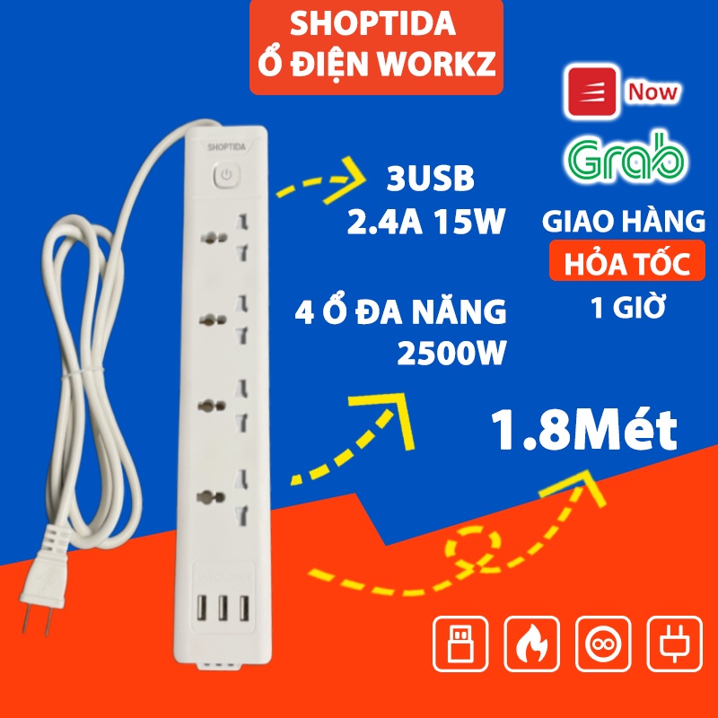 Ổ Cắm Điện Đa Năng WORKZ Shoptida chịu tải 2500W chống giật, chống cháy