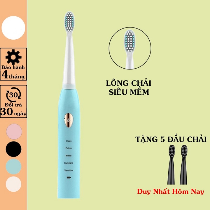 Bàn chải điện đánh răng tự động 5 chế độ rung tặng kèm 2 đầu chải giúp đánh bay các mảng bán giúp miệng sạch sẽ thơm tho