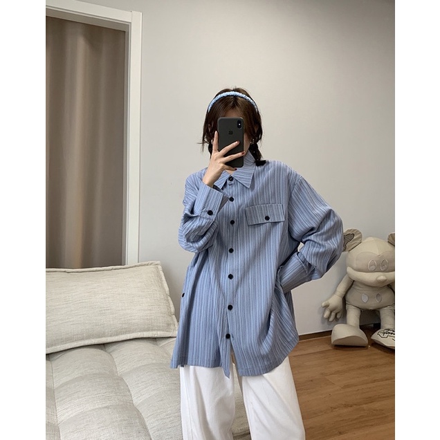 Áo Sơ Mi Rayon Tay Dài Xanh Sọc Gân Tím Minipie