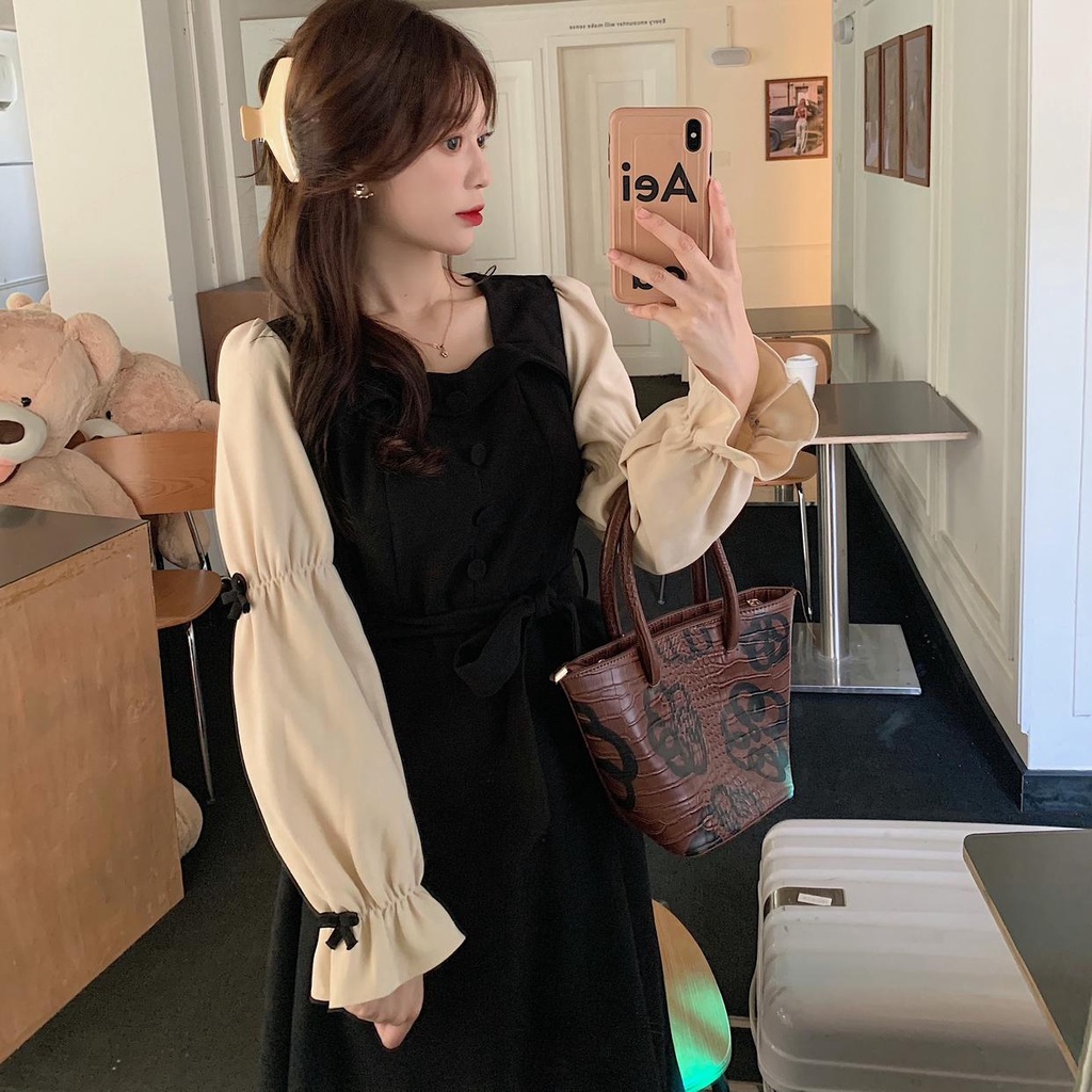 Đầm Tay Phồng Cổ Vuông Thiết Kế Mới Thời Trang Mùa Thu Dành Cho Nữ