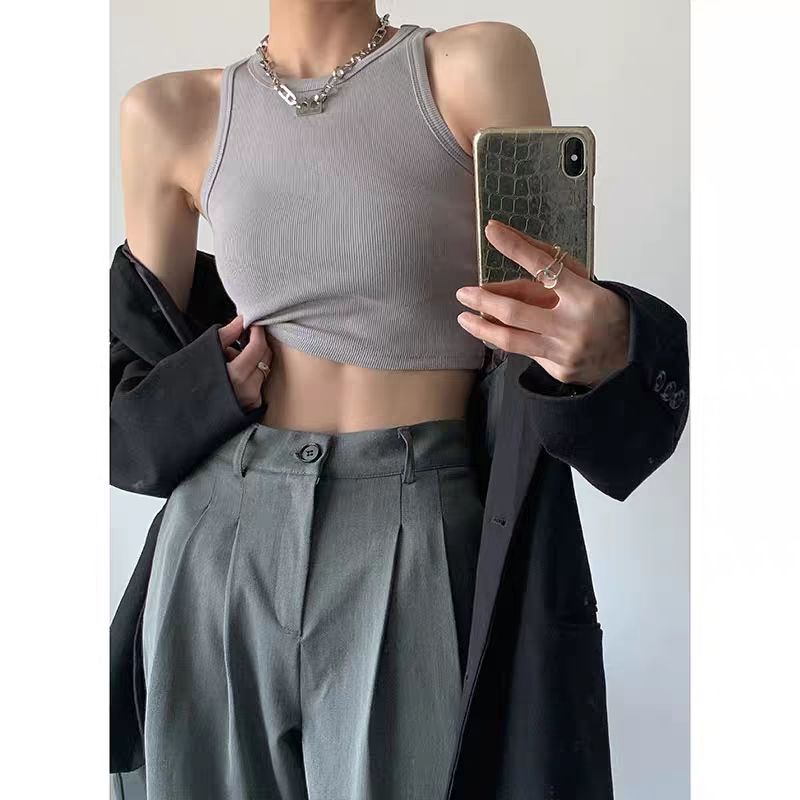 Áo Crotop 3 Lỗ Màu Xám , Croptop Thun Gân Phong Cách Hàn Quốc
