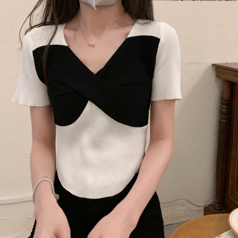 Áo dệt kim ZHELIHANGFEI tay ngắn cổ chữ V kiểu nơ dễ thương thời trang dành cho nữ