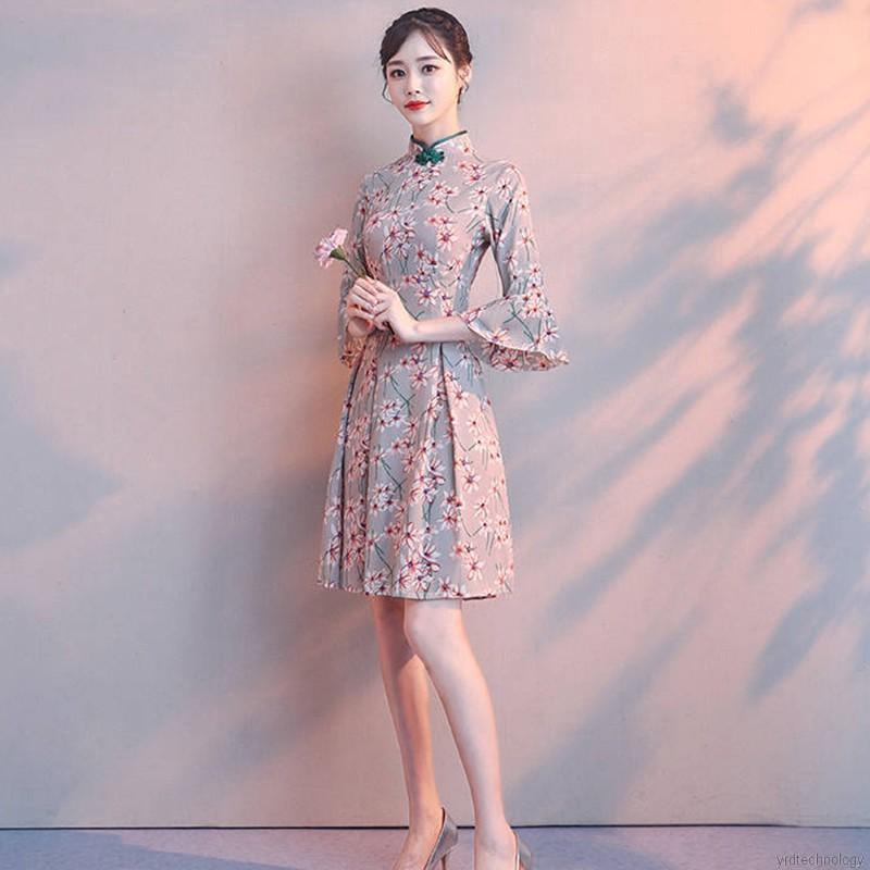 Summer Fashion Retrol National Style Floral Print Long Cheongsam Dress | BigBuy360 - bigbuy360.vn