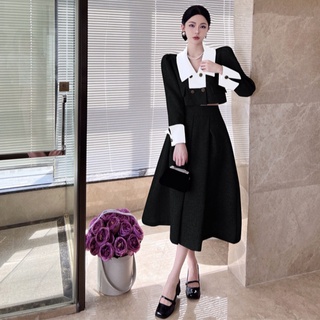 Bộ Áo Khoác + Chân Váy Xòe Eo Cao Dáng Dài Phong Cách Pháp Thời Trang Thu Đông HC1