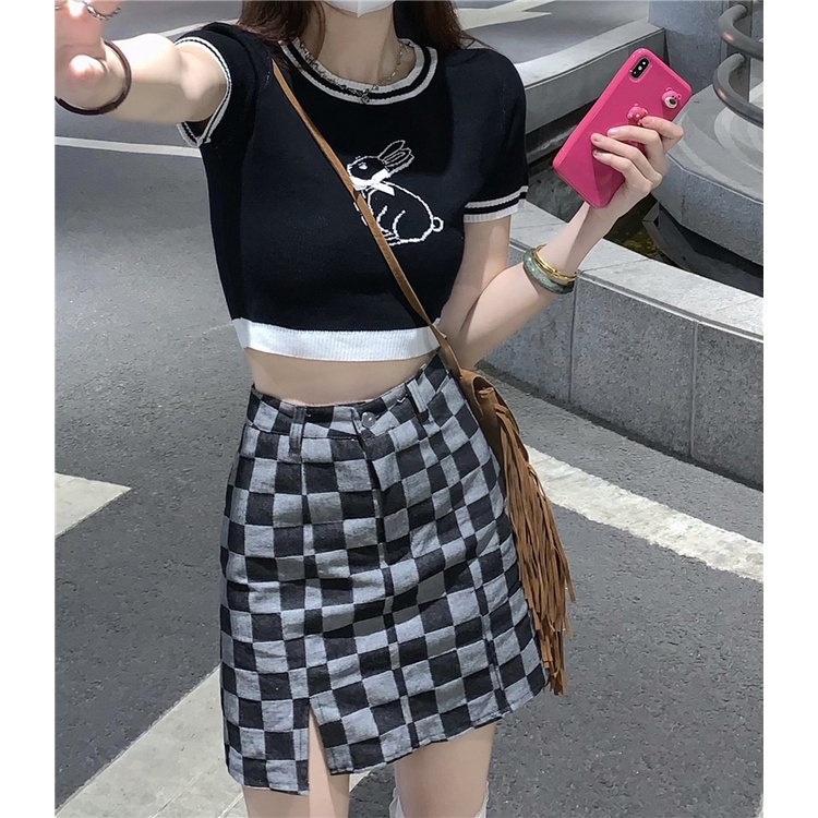 Cocory vn Áo Thun Dệt Kim Tay Ngắn Cổ Tròn Thêu Hình Thỏ Thời Trang Mùa Hè Quyến Rũ Cho Nữ