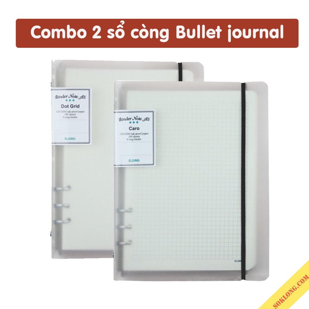 Combo 2 sổ còng Klong A5 ruột caro + dot grid 200 trang MS 994+995 giấy siêu dày binder dễ refill giấy