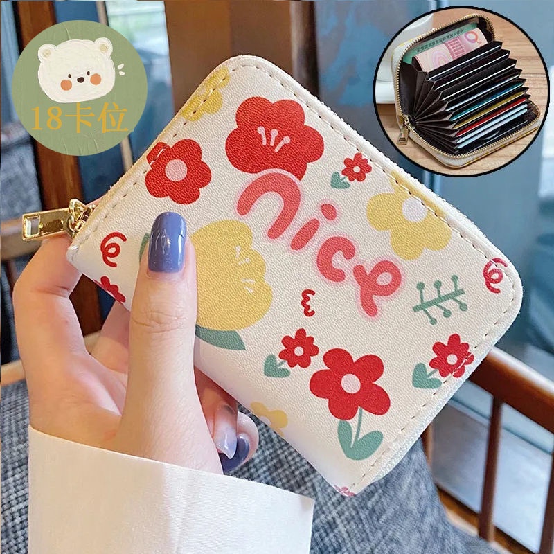 Ví nhiều ngăn đựng thẻ và tiền xu dung tích lớn dễ thương chống trộm có khóa kéo chống từ tính phong cách Hàn Quốc