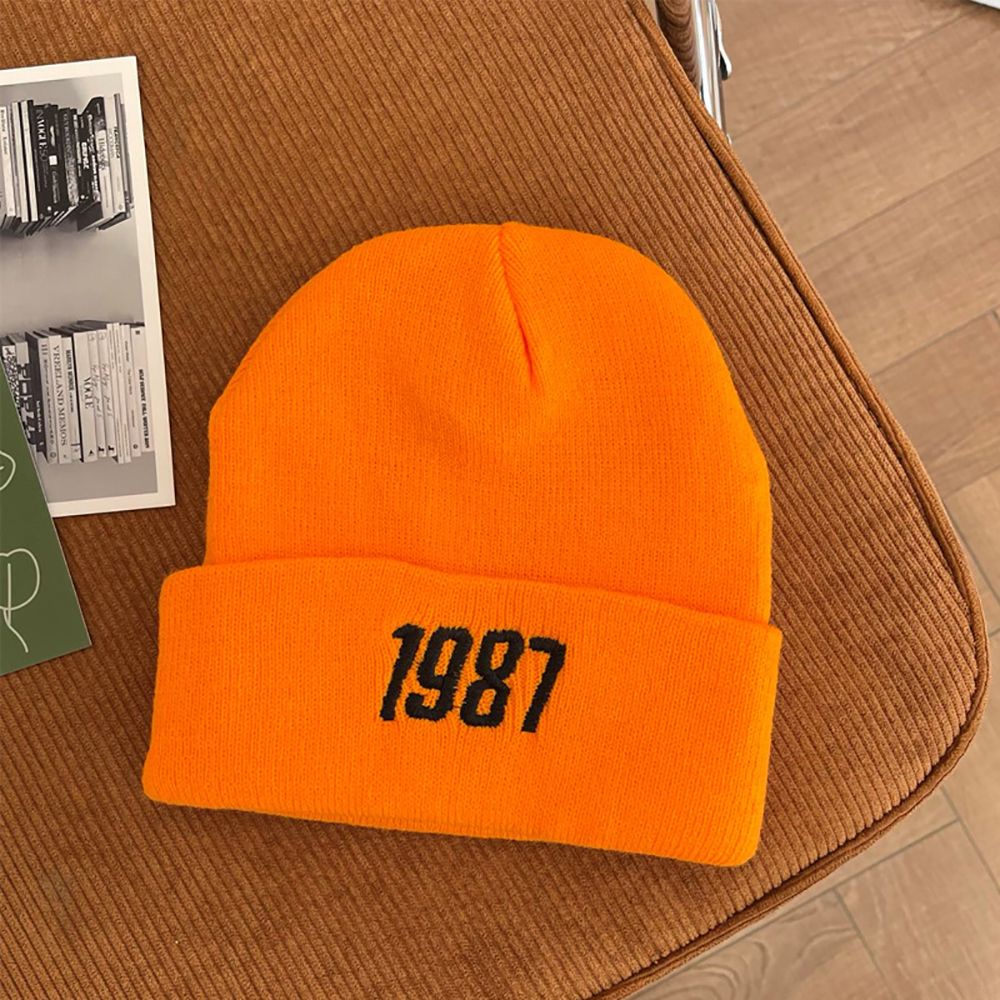 Mũ beanie giữ ấm thêu chữ số 1987 màu trơn dễ thương cho nữ