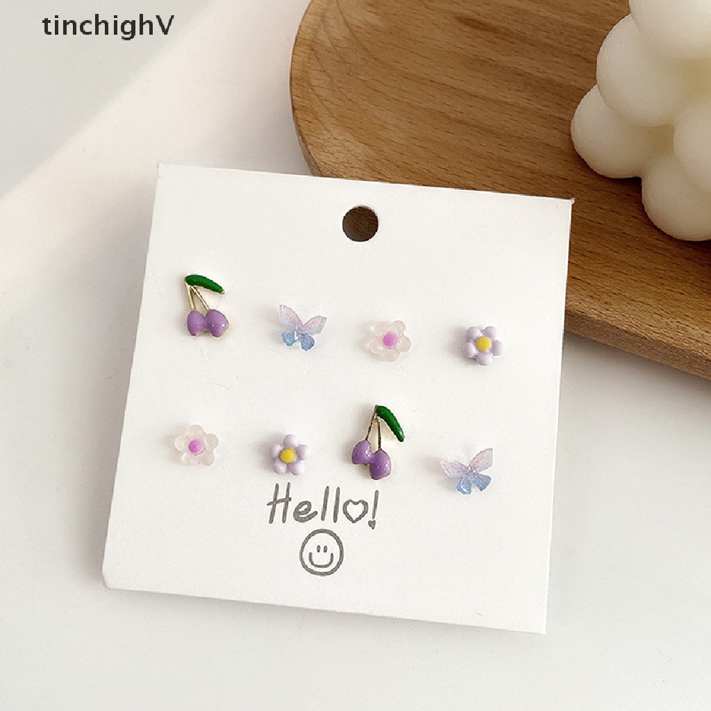 Set 8 Khuyên Tai Hình Học / Bông Hoa / Bươm Bướm Kiểu Dáng Dễ Thương Xinh Xắn Dành Cho Nữ
