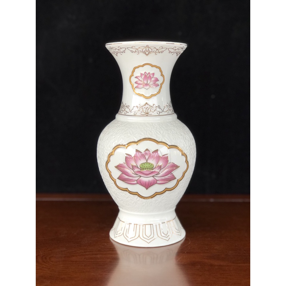 Bộ Thờ Cúng Bình Bông 1618 Họa Tiết Hoa Sen Tím Phối Chữ Bằng Sứ Cao Cấp - Phật Giáo Tường Thuận