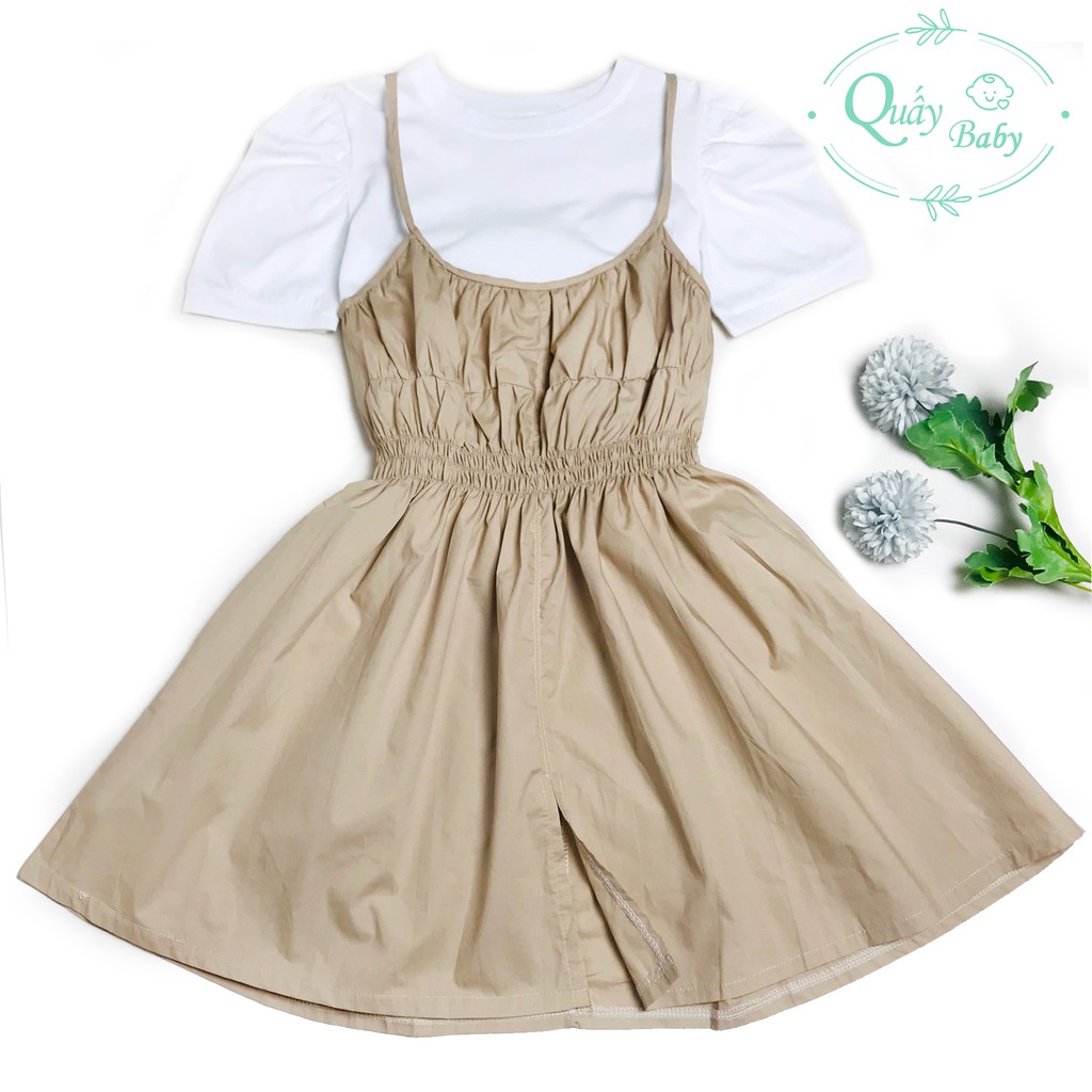 Yếm đầm maxi màu nude kèm áo thun trắng cho bé gái