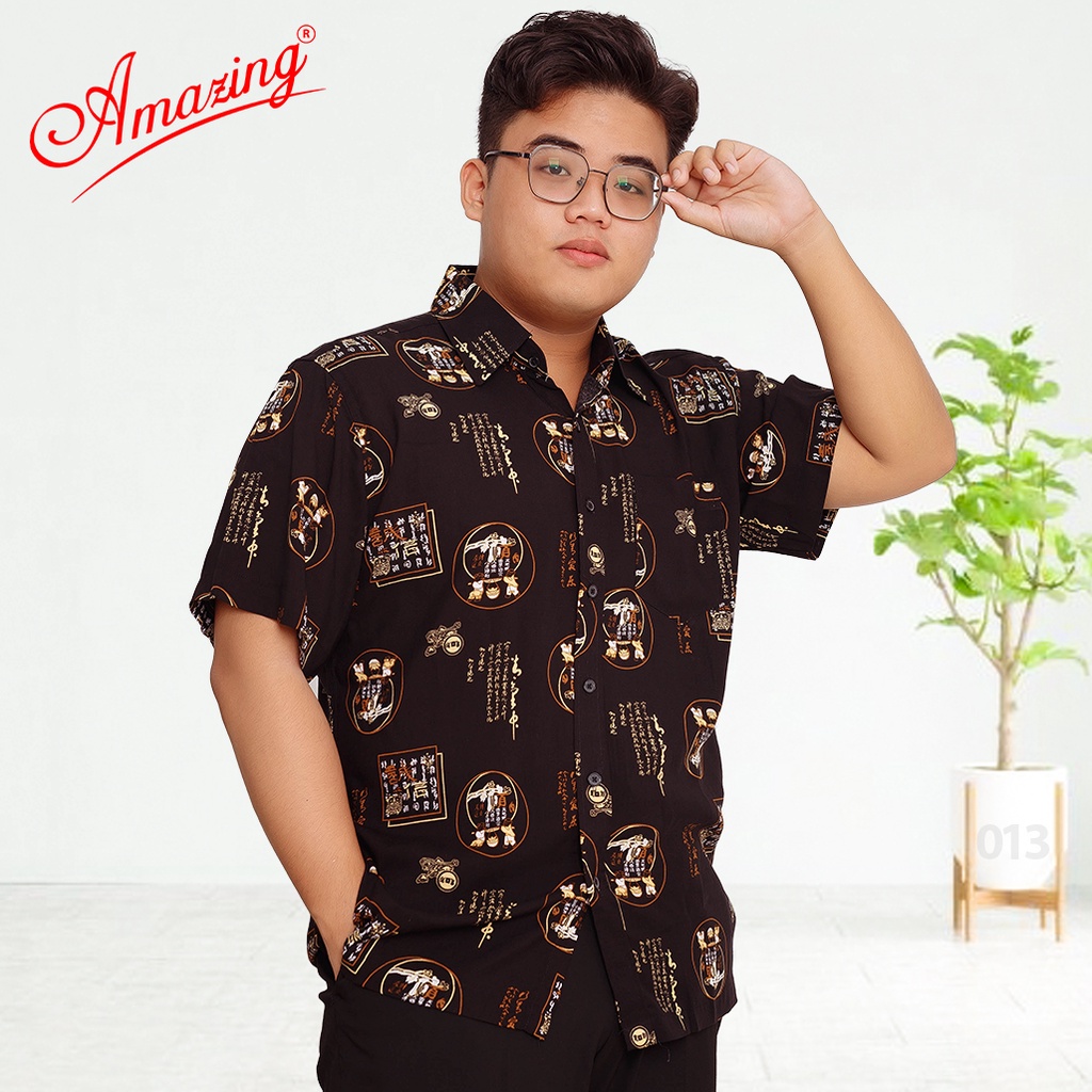 Áo sơ mi nam tay ngắn, dáng rộng đại gia, vạt ngang,họa tiết dân gian, chất vải siêu mát mẻ, big size 100kg
