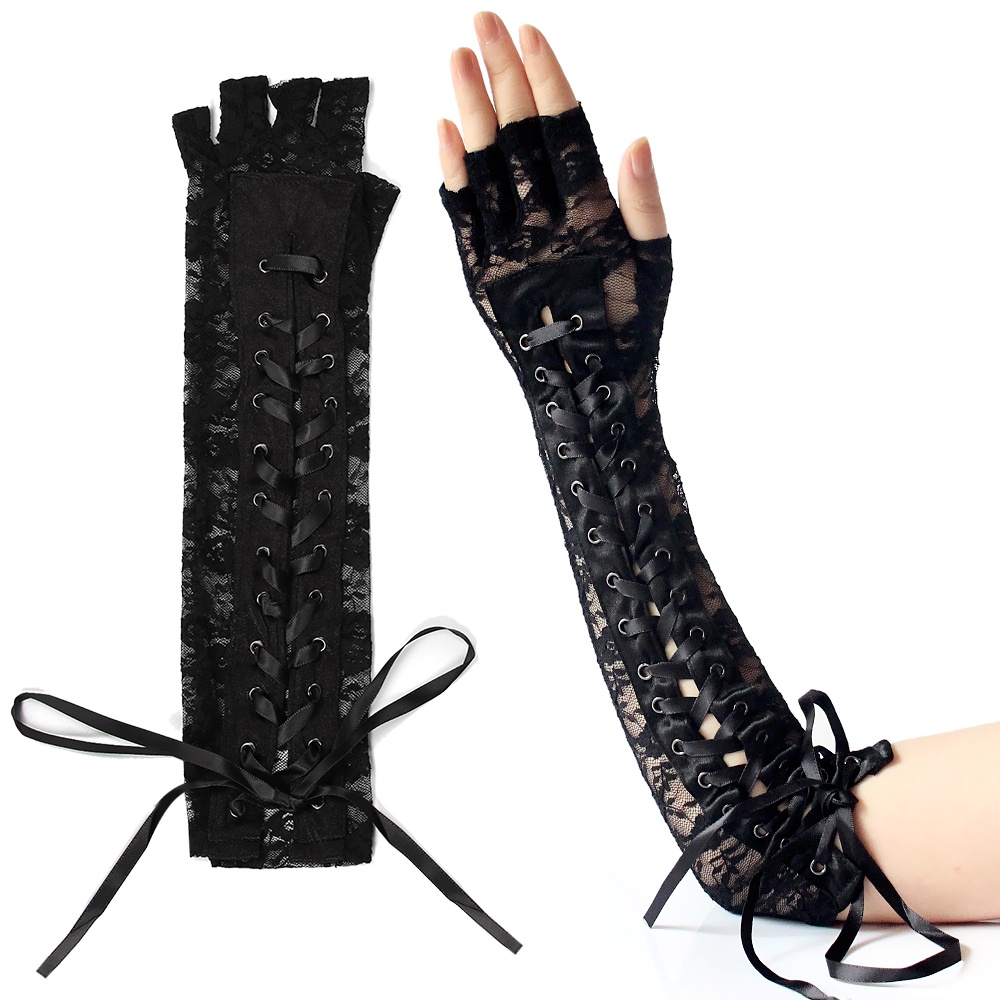 MELODG 1 Pair Women Halloween Gloves Party Cosplay Lace Gloves Punk Gothic Mittens New Fashion Night Club Long Ritual Dance Fingerless Silk Ribbon