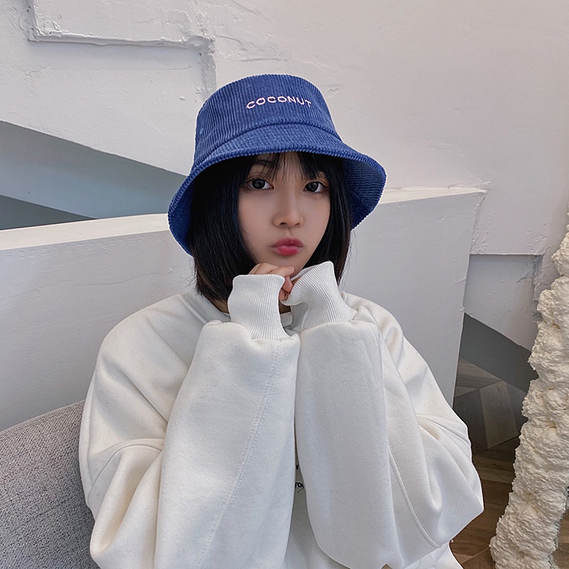 Mũ Bucket Nhung Thêu Chữ Phong Cách Retro Hàn Quốc