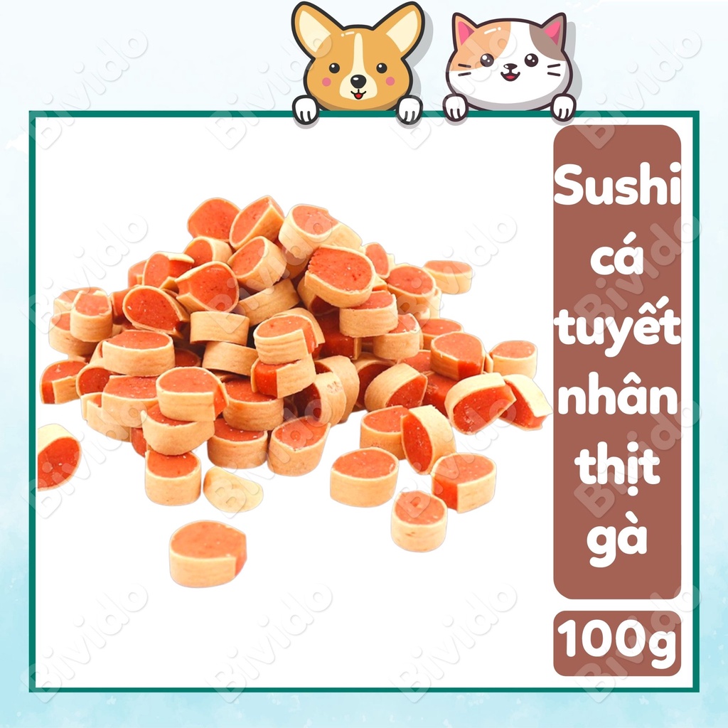 Bánh thưởng cho chó sushi cá tuyết nhân thịt gà Hello Joy túi 100g - Bivido