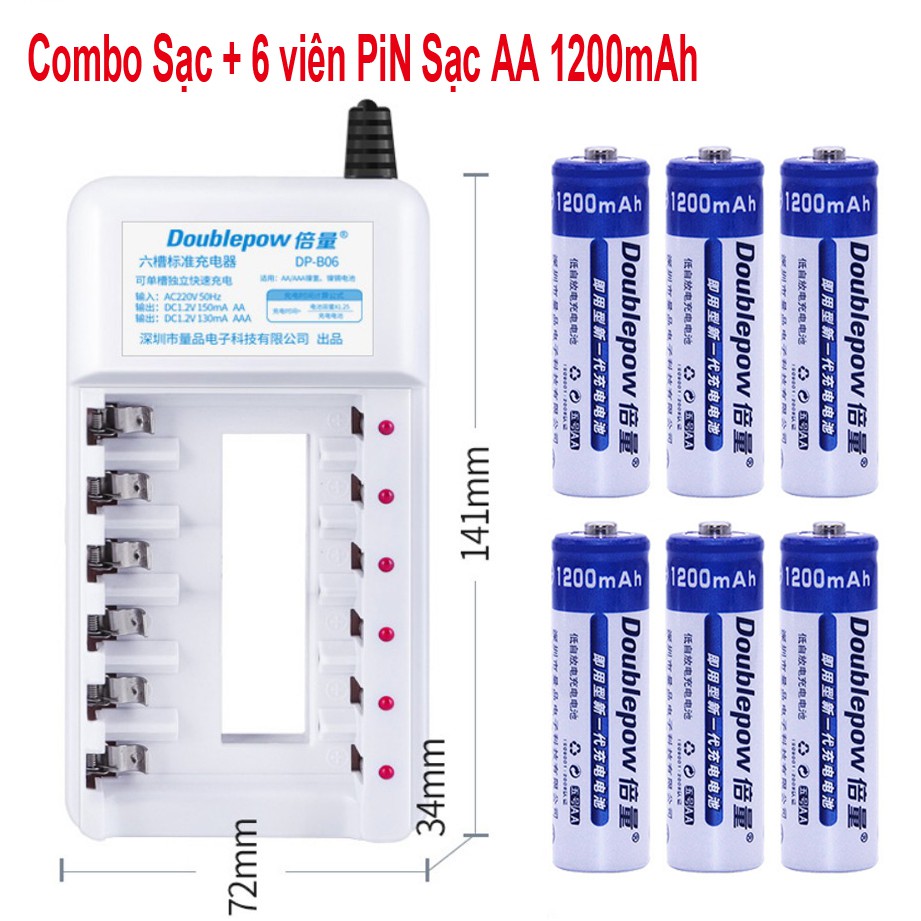 Combo sạc DP-B06 và 6 pin sạc AA Doublepow 1200mAh Cam Kết Dung Lượng Thật