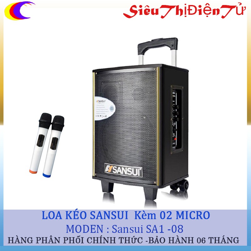 LOA KẸO KÉO SANSUI SA1-08 KÈM 2 MICRO KHÔNG DÂY - LOA KÉO KARAOKE ĐƯỢC TRANG BỊ BASS 20CM