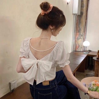 Áo Kiểu Nữ Croptop Tay Ngắn Phối Dây Xích Đính Ngọc Sau Lưng Dễ Thương Cho Nữ