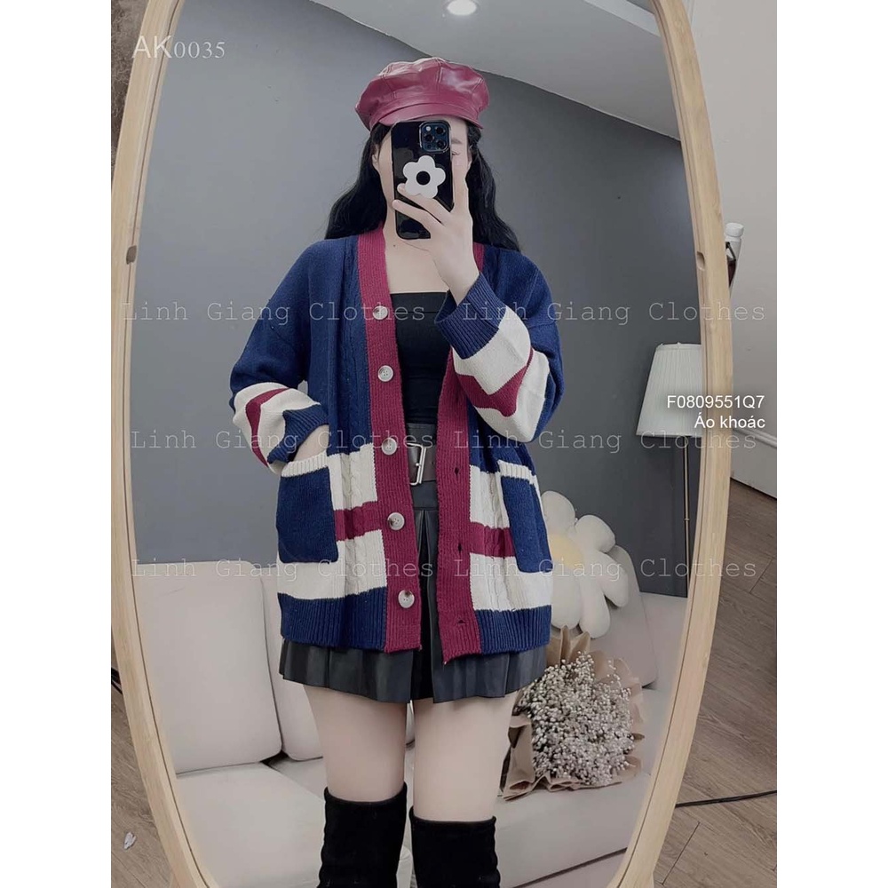 Áo khoác len cardigan phối màu chạy viền gài nút có túi form rộng tay dài hàng đẹp QC!