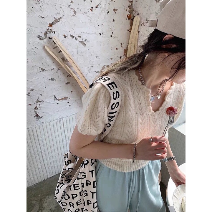 Áo Len Tay Ngắn Cổ Chữ V Thiết Kế Đục Lỗ Thời Trang Cho Nữ