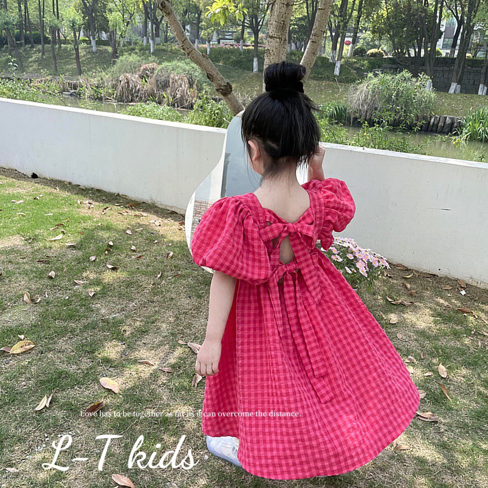 VÁY MAXI CARO PHỐI NƠ LƯNG ĐI BIỂN, TAY PHỒNG CỰC XINH CHO BÉ GÁI
