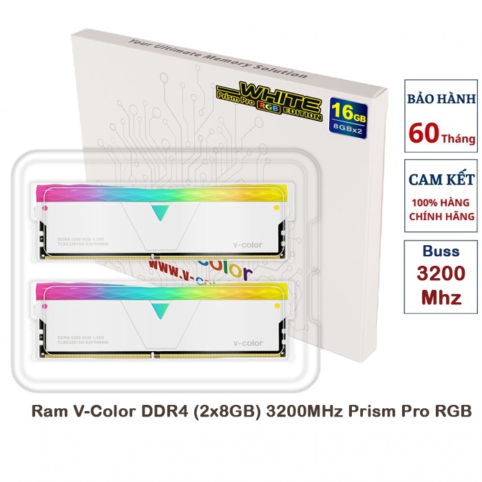 [Mã BMBAU300 giảm 10% đơn 499K] Ram V-Color DDR4 16GB(2x8G) 3200MHz Prism Pro RGB - Màu Trắng