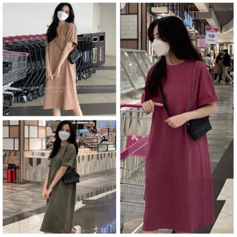 Đầm Vintage 3 Màu Nâu Rêu Và Đỏ Dáng Suông Váy Trơn Xuông Tay Lỡ Chất Thun Form Rộng Đẹp Bánh Bèo Cá Tính Ulzzang