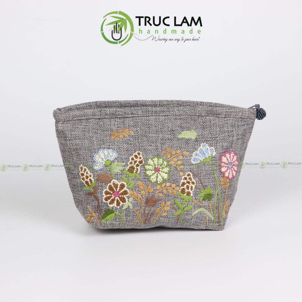 Ví Cầm Tay Nữ Vải Gai Họa Tiết Hoa Cỏ Sa Hạt Thêu Tay 2 Mặt - Trúc Lâm Handmade