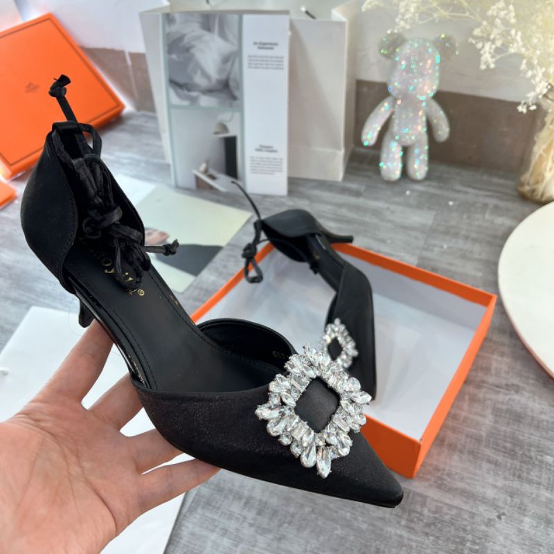 XK(ẢNH THẬT) Giày Cao Gót 7p Đá Vuông Dây Quấn Tháo Rời Fullbox Cao Cấp Lụa Mềm Êm