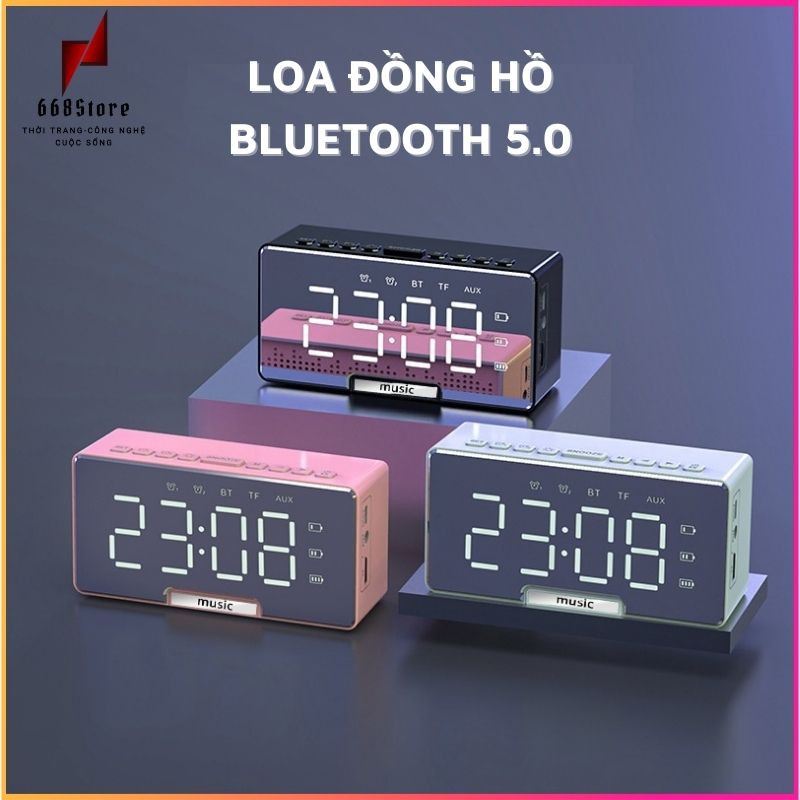 Loa bluetooth kiêm đồng hồ mặt gương sáng bóng, hỗ trợ thẻ nhớ TF và đài FM
