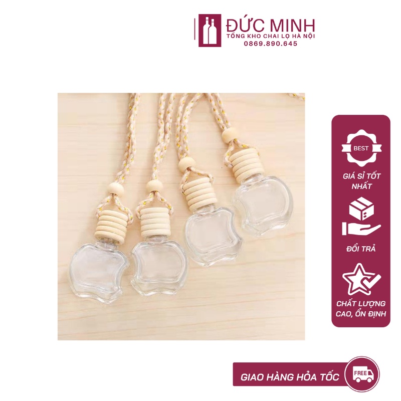 Vỏ chai tinh dầu thủy tinh treo xe hình quả táo nắp gỗ [Giá sỉ/lẻ]