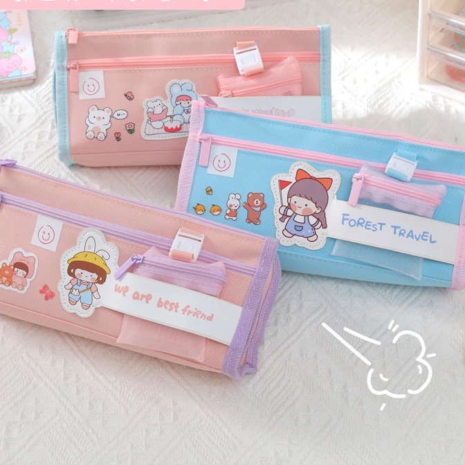 Túi Đựng Bút Hai Lớp Sức Chứa Lớn Họa Tiết Hoạt Hình Dễ Thương Chống Thấm Nước
