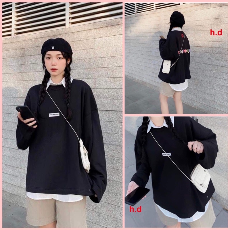 Set Áo Sweater cổ tròn dài tay Logo Mix Áo sơ mi, thun hoodie form rộng UlzzangChất nỉ cotton đẹp Không Bai xù