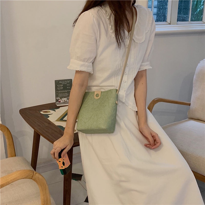 Túi đeo chéo mini bằng da PU màu xanh lá đơn giản thời trang cho nữ