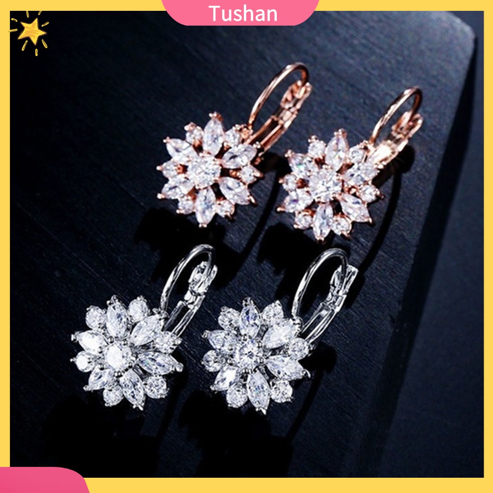 TUSH_Cubic Zirconia Inlaid Sunflower Dangle Leverback Earrings Chic Lady Jewelry Gift