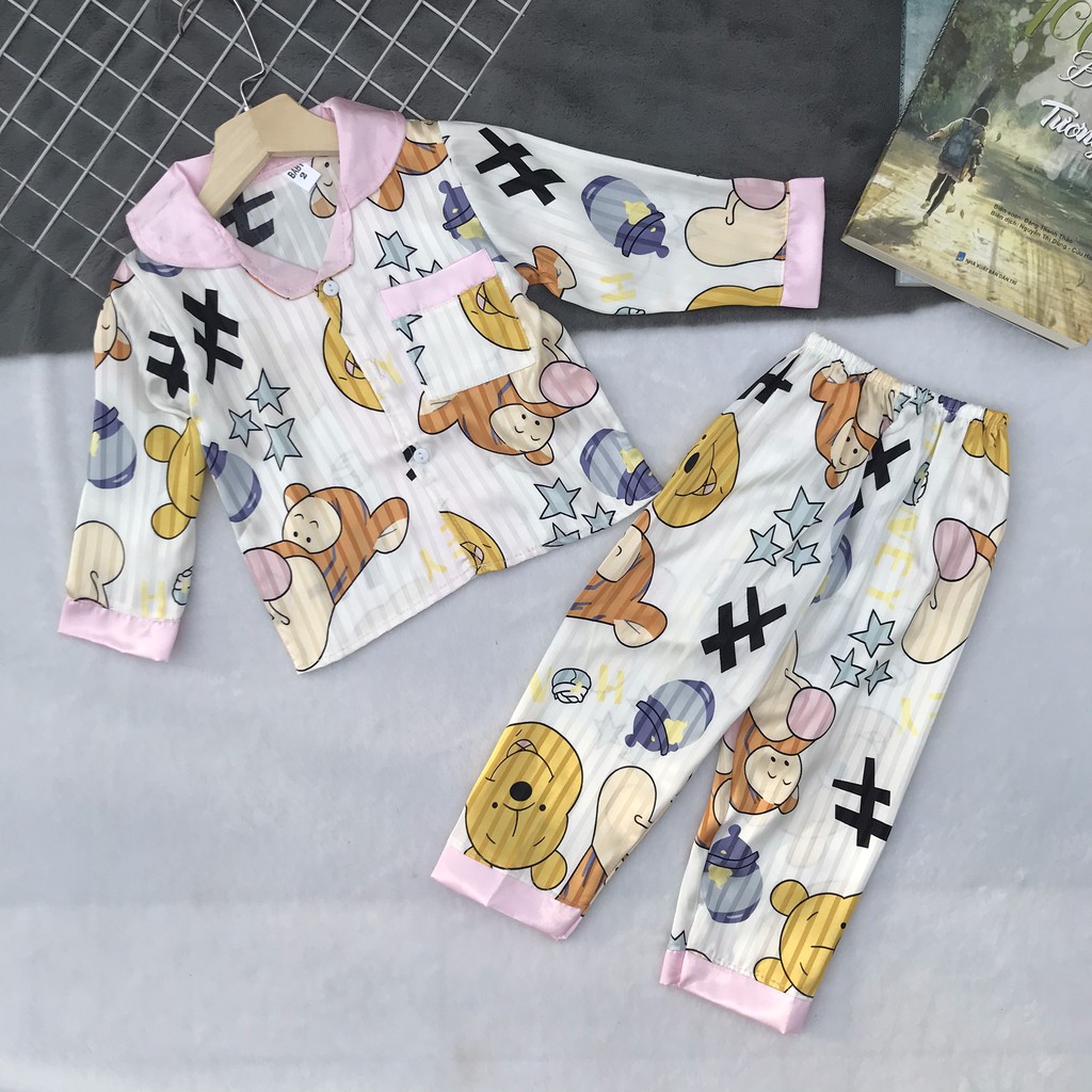 Bộ ngủ pijama lụa gấm tay dài quần dài size nhí cho bé (9-22kg) - Hirokids