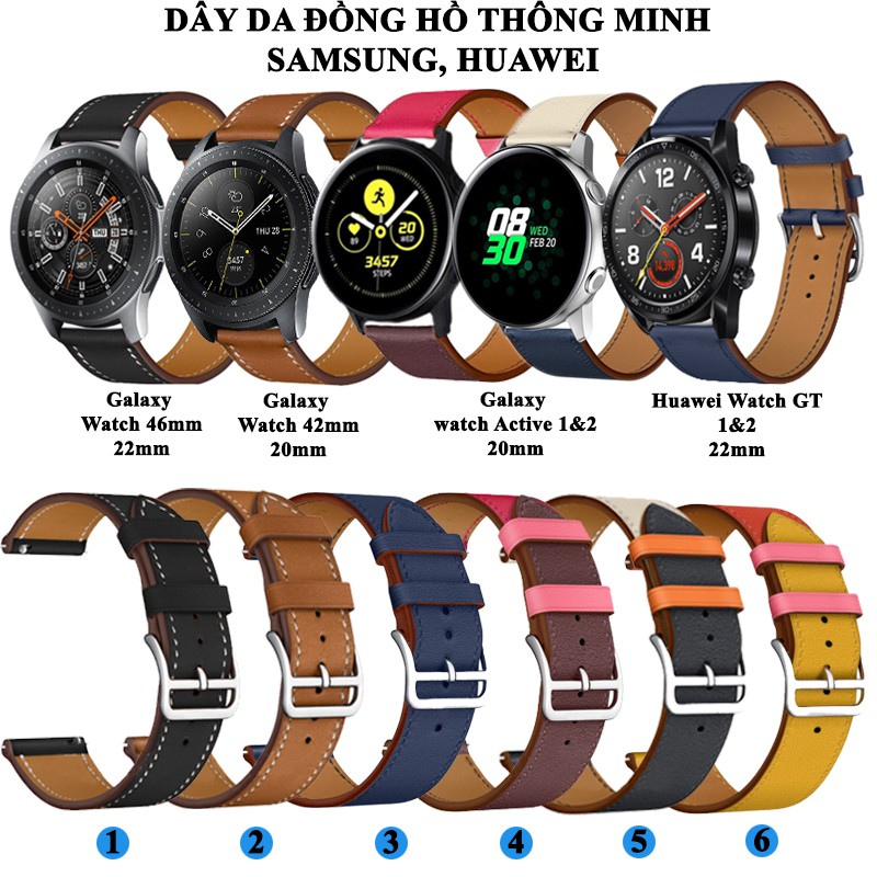 [20mm-22mm] Dây da đồng hồ thông minh Samsung, Huawei