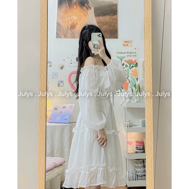 váy trắng tiểu thư trễ vai tay bồng dáng dài hai lớp, đầm trắng dự tiệc bánh bèo