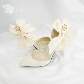 Giày cưới cao gót 10cm đính nơ satin màu kem duyên dáng