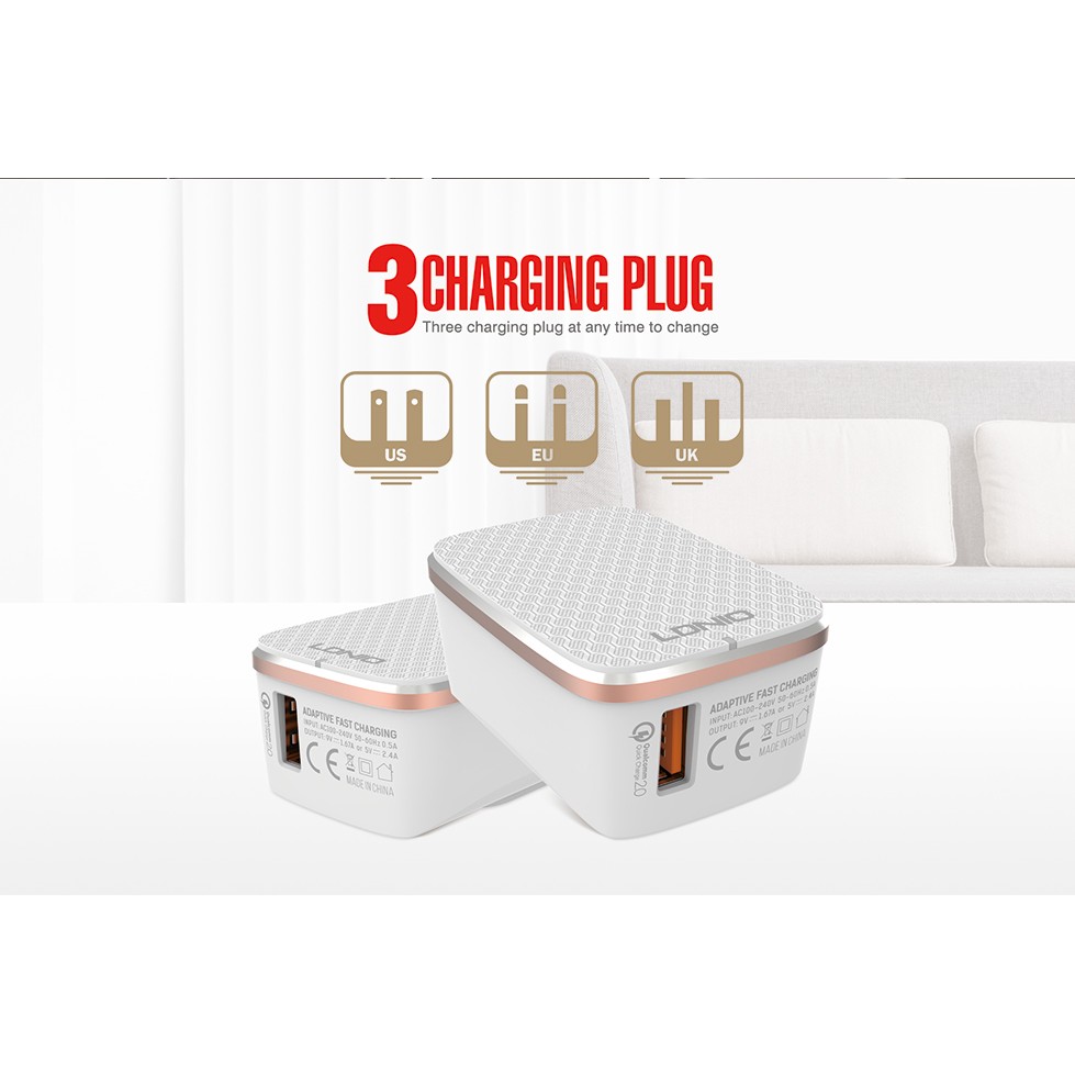 Cốc sạc điện thoại Quick Charge QC 2.0 cao cấp Android iPhone có IC ổn dòng bảo vệ thiết bị LDNIO A1204Q Trắng