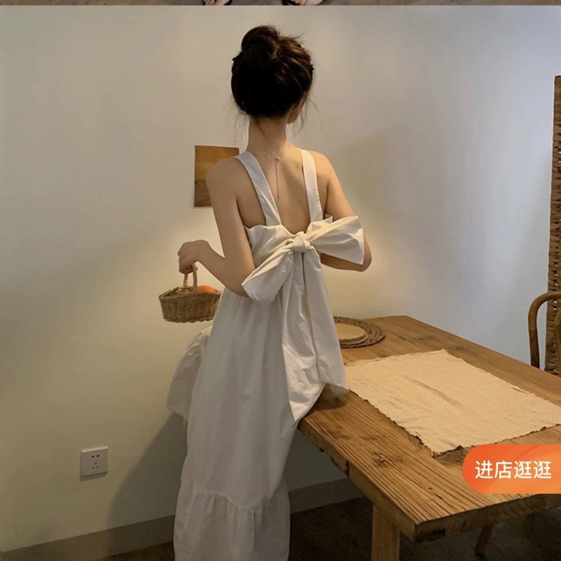 Váy maxi 2 dây bản to nơ lưng siêu lớn đi chơi đi biển