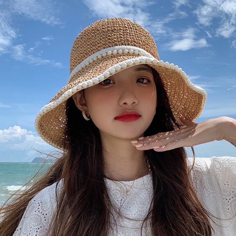 Mũ cói mềm đính dễ dàng gấp gọn đính hạt có dây rút điều chỉnh vòng đầu 2 màu