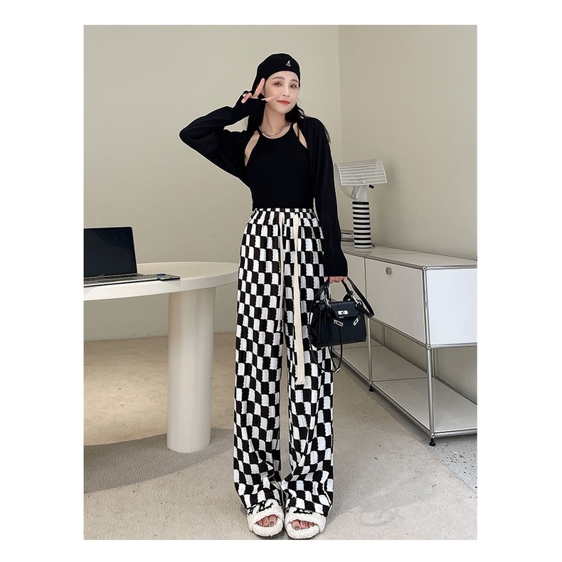Quần Dài Ống Rộng Lưng Cao Họa Tiết Sọc Caro Trắng Đen Thời Trang Xuân Hè Cho Nữ