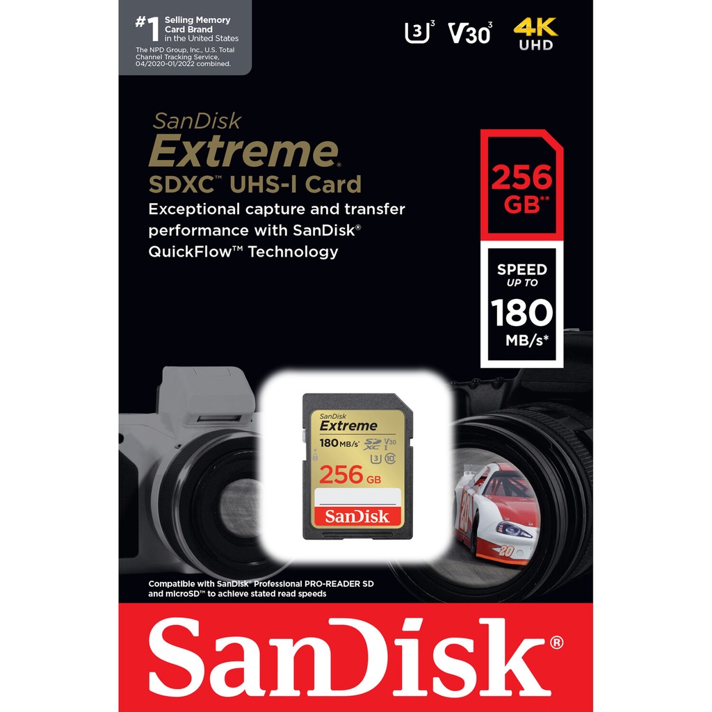 Thẻ nhớ SDXC SanDisk Extreme 256GB V30 UHS-I U3 4K 180MB/s - Bảo hành 5 năm
