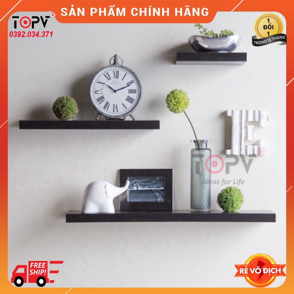 Bộ 3 kệ gỗ treo tường decor TopV giá trang trí bằng thanh gỗ ngang gắn tường mini phòng khách phòng ngủ TopVHCM