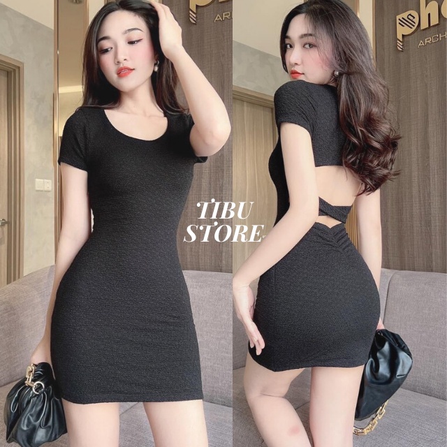 Váy Body Xốp Tay Cộc Sexy 3 Màu TIBU, Đầm Cổ Tròn Dây Chéo Lưng Ôm Dáng Đơn Giản Quyến Rũ Hottrend 2022